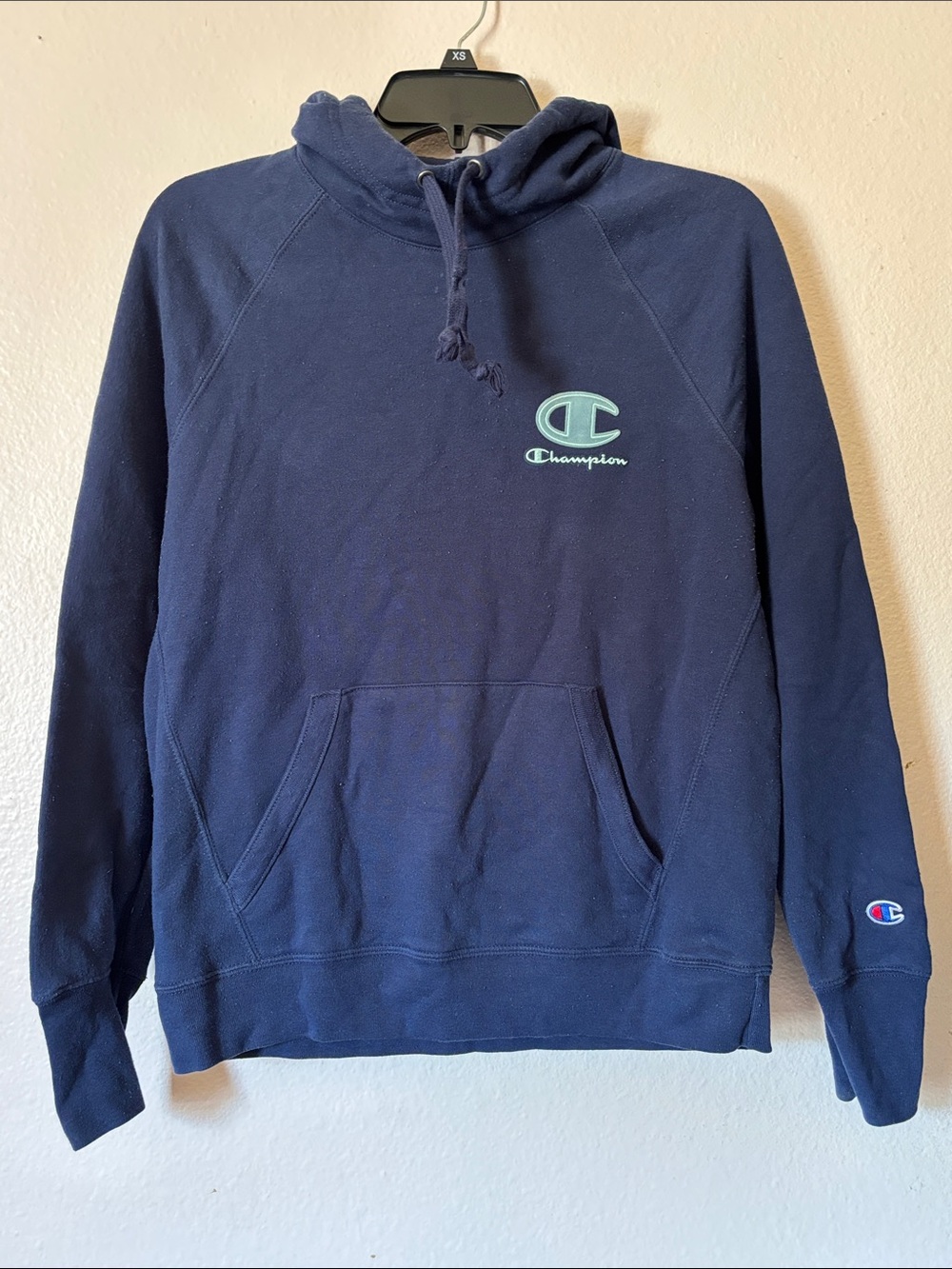 Champion Women's Navy Blue Pullover Hoodie Applique Logo Sweatshirt Size S